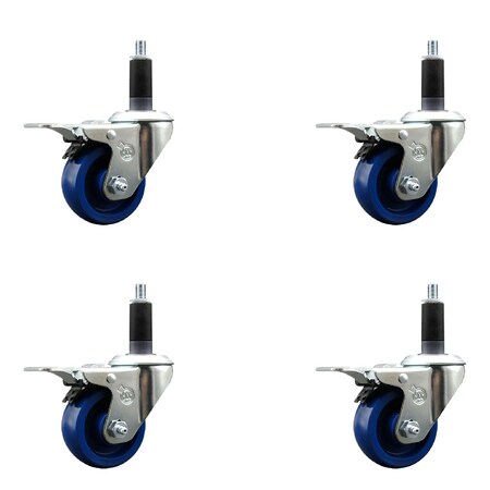 Service Caster 3'' SS Solid Poly Swivel 1-1/8'' Expanding Stem Caster Set Total Lock Brake, 4PK SCC-SSEXTTL20S314-SPUS-118-4